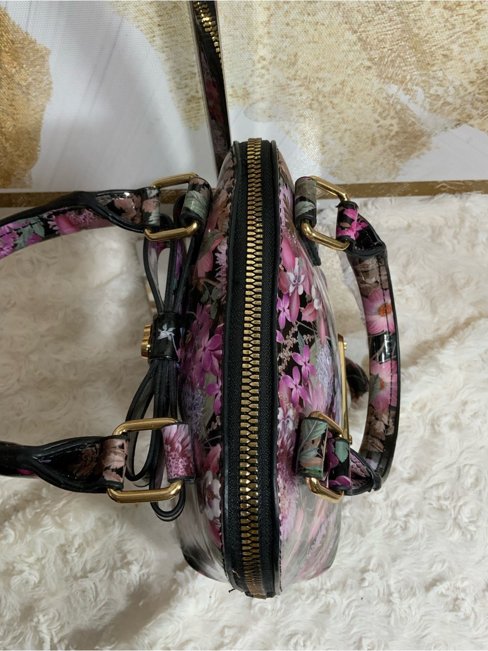 🩷Betsey Johnson Black Floral Dome Satchel with Pink & Purple Flowers - Picture 6 of 9